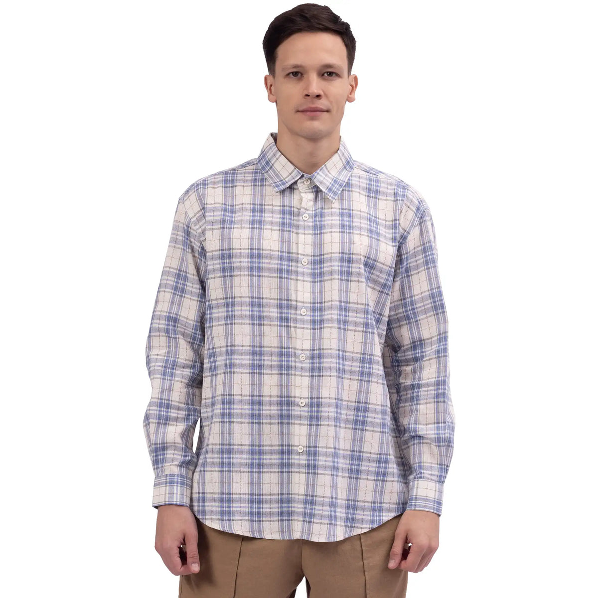 Blue Checked Linen Shirt For Men Image