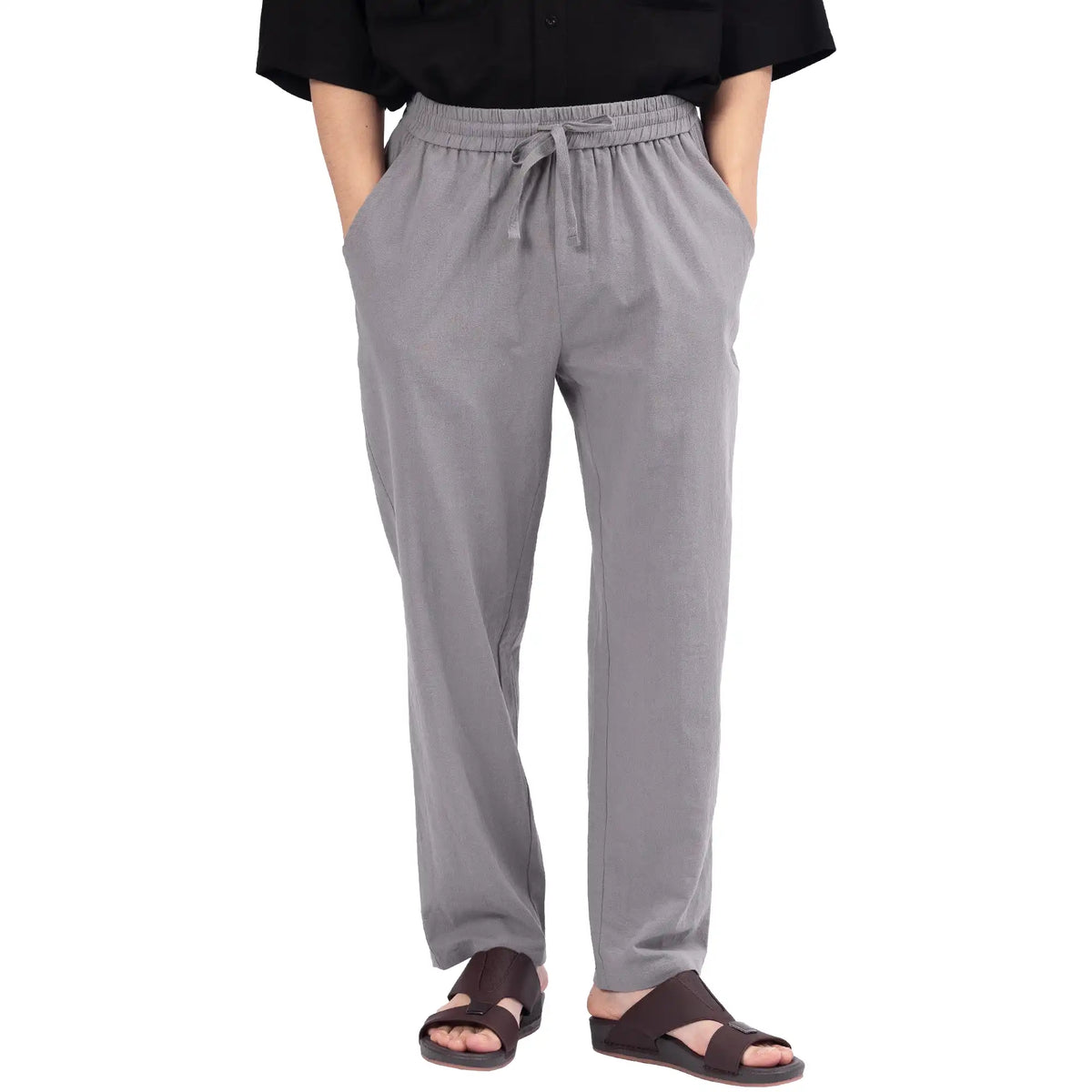 Gray Baggy Linen Pants For Men Image