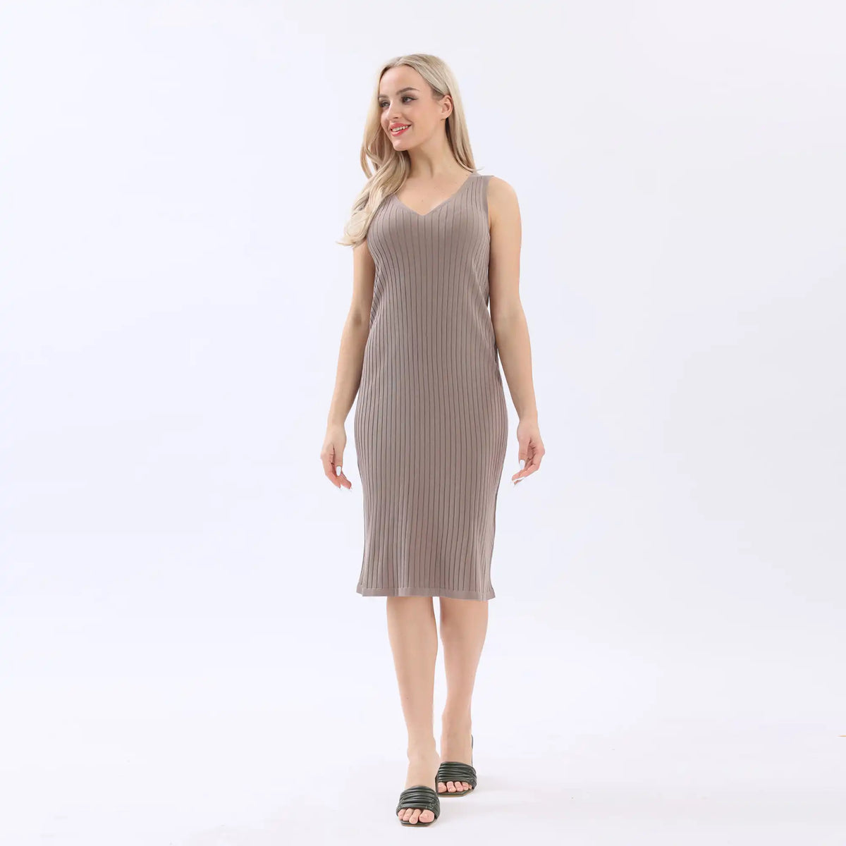 Khaki Plain Basic Dress For Women Image