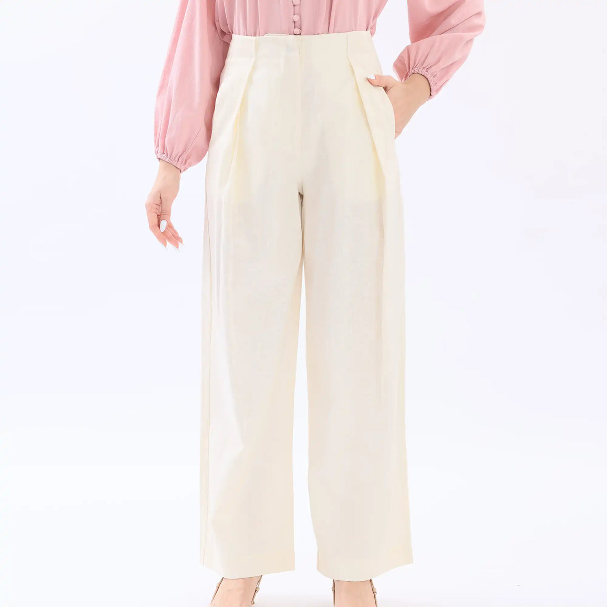 Beige Wide-Leg Linen Pants For Women Image