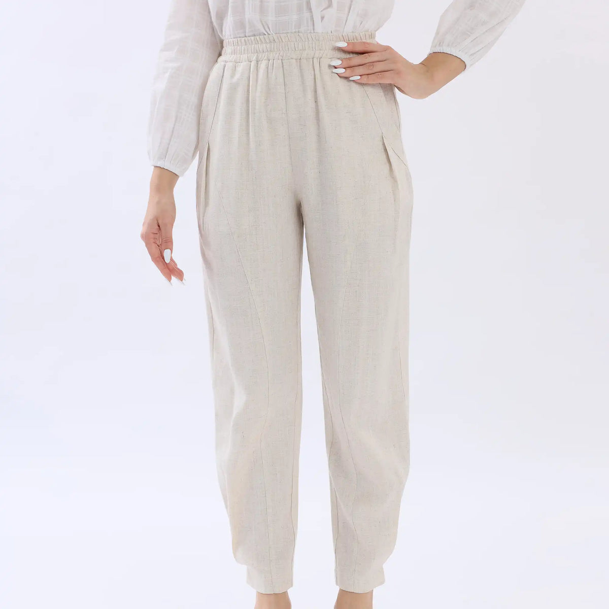 Beige Ankle-Tied Linen Pants For Women Image