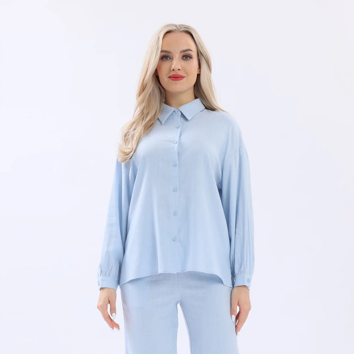 Sky Blue Plain Linen Shirt For Women Image