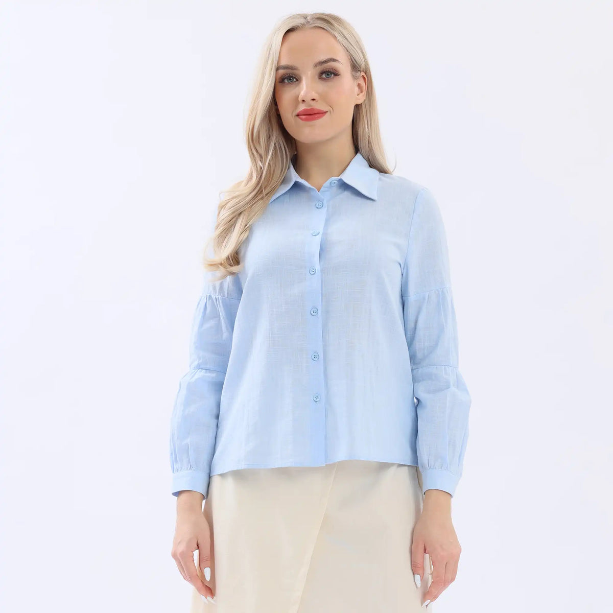 Sky Blue Plain Linen Shirt For Women Image