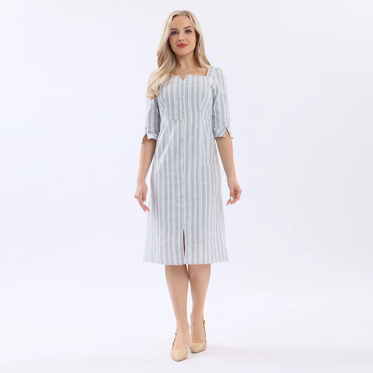 Blue Striped Linen Dress For Women Image
