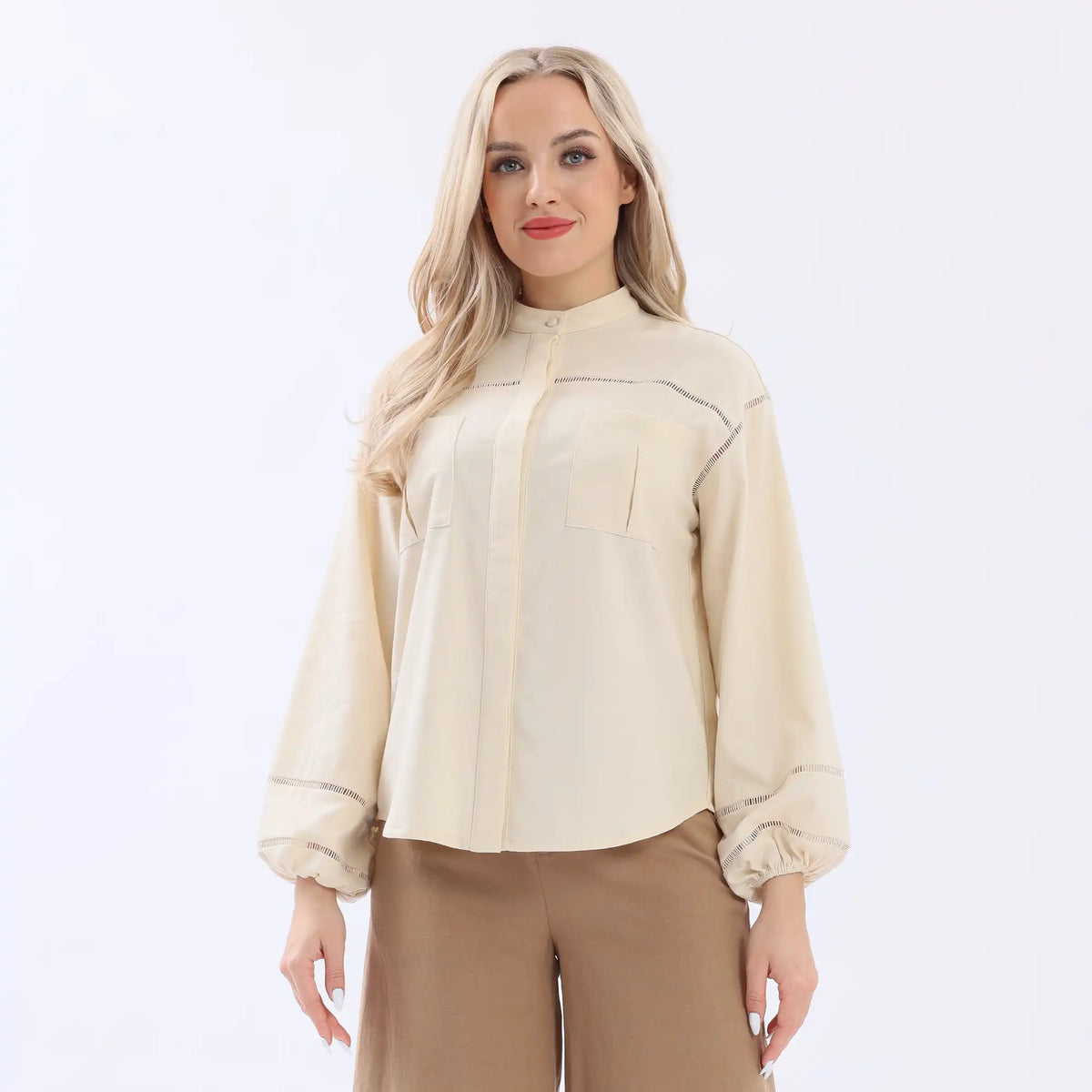 Light Yellow Plain Linen Shirt For Women Image