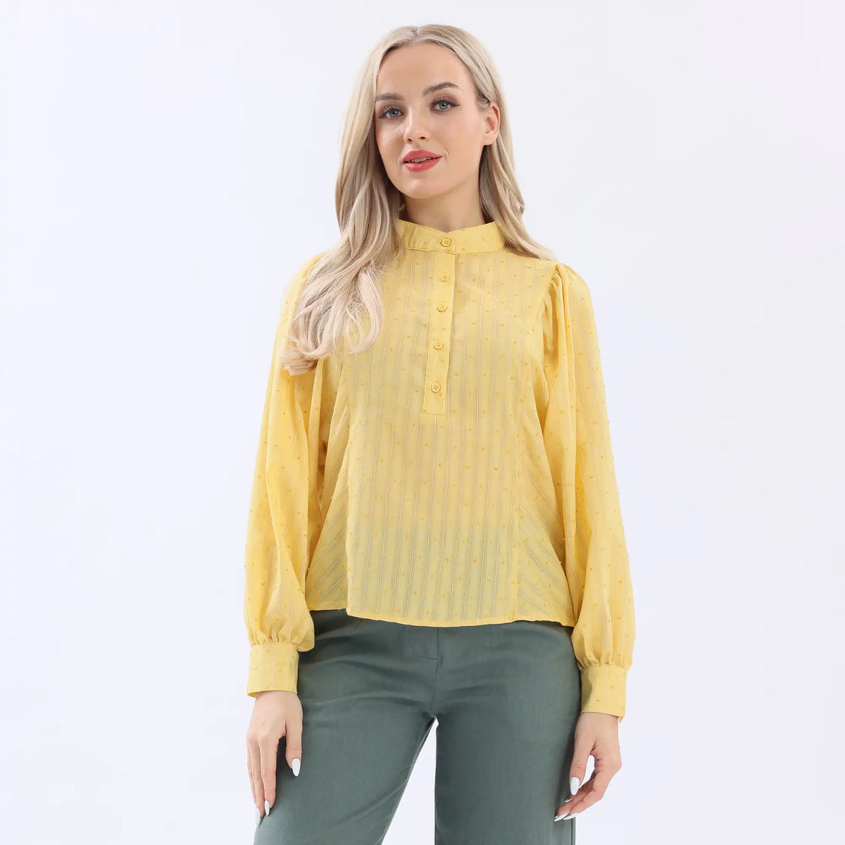 Yellow Jacquard Linen Blouse For Women Image