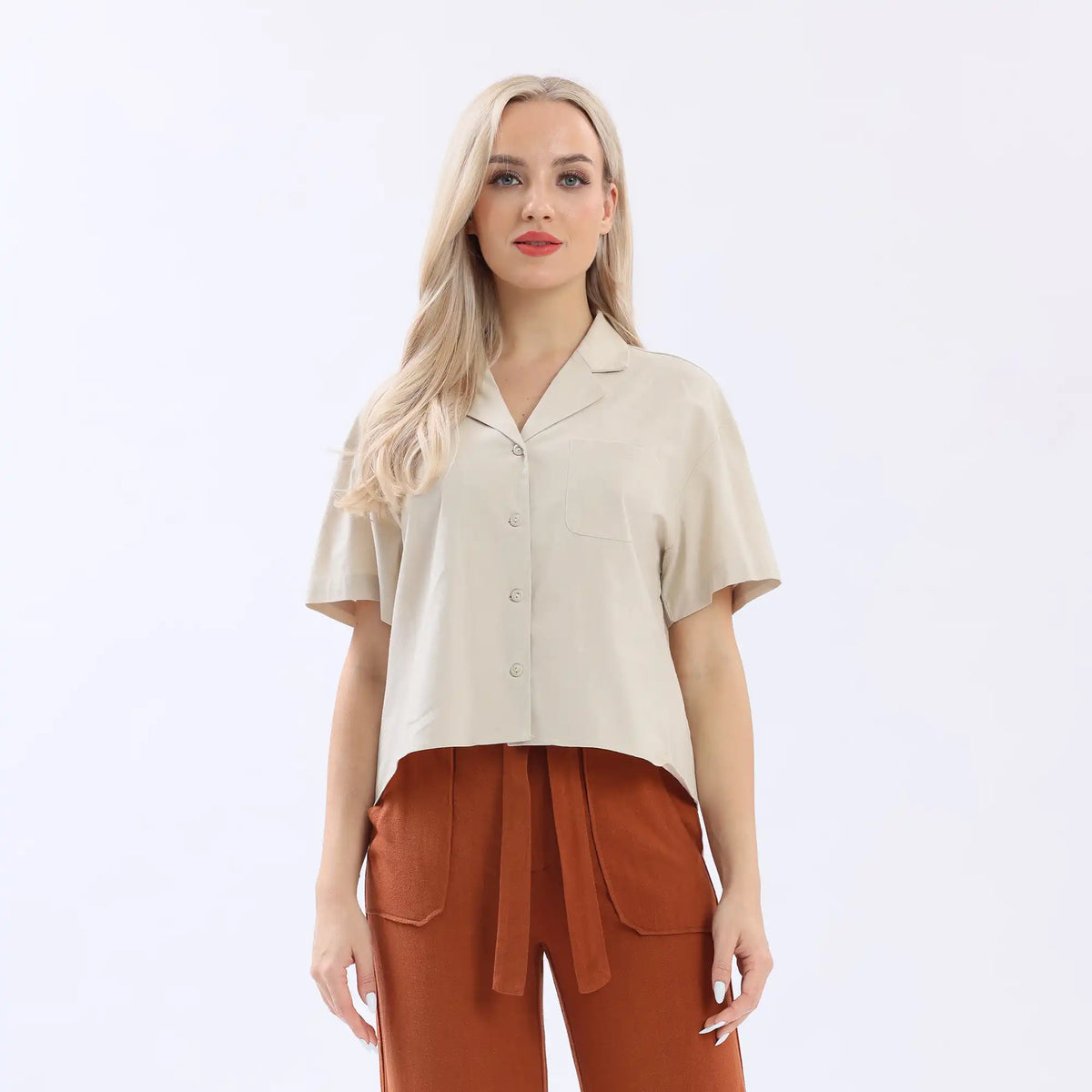 Light Khaki Plain Linen Shirt For Women Image