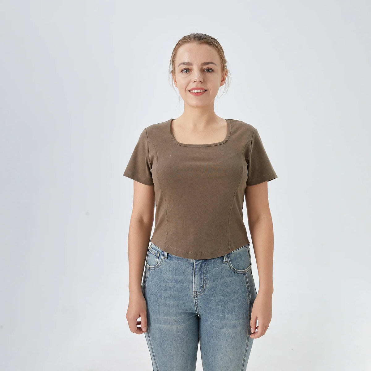 Gray Green Plain Street Look T.Shirt For Women Image