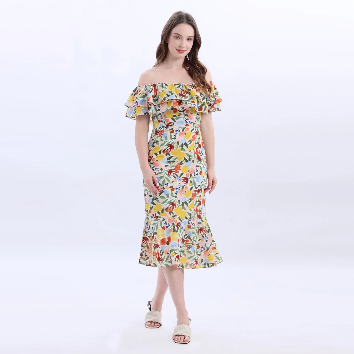 Yellow Floral Fashion Dress For Women Image