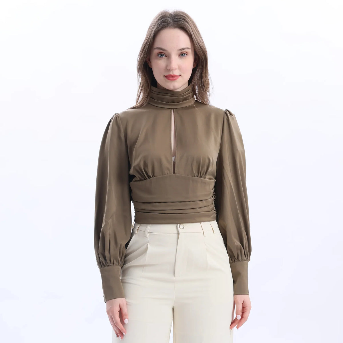 Dark Khaki Plain Fashion Blouse For Women Image