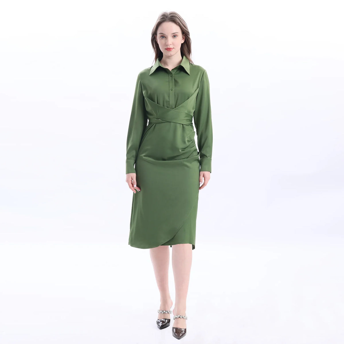 Green Collar Velvet Fashion Dress For Women Image