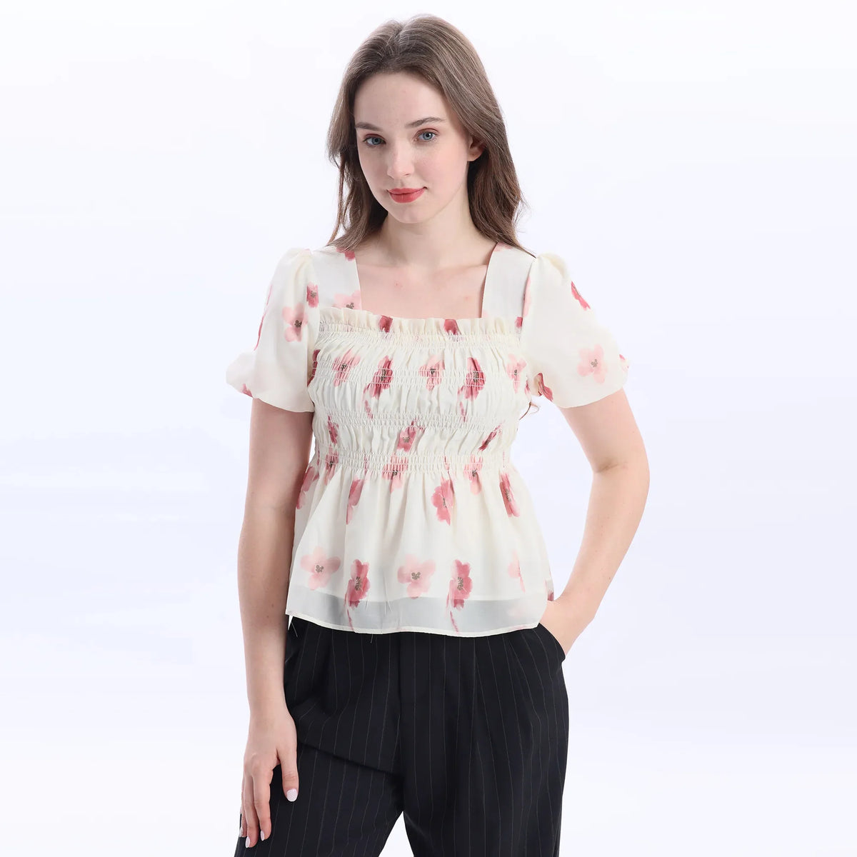 Beige Floral Fashion Blouse For Women Image