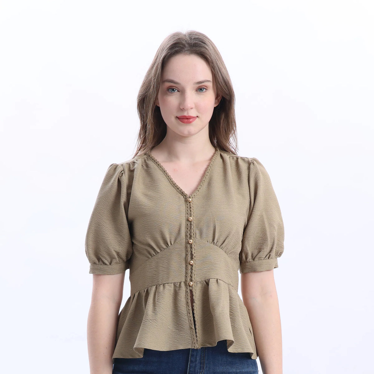 Khaki Jacquard Fashion Blouse For Women Image