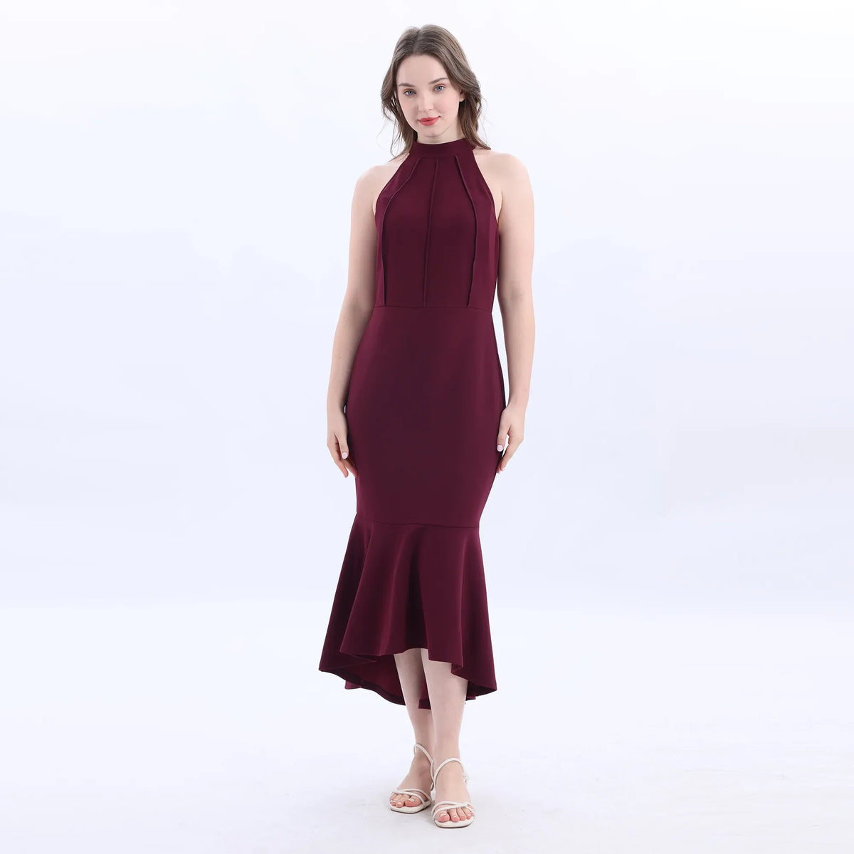 Maroon Sleeveless Linen Evening Dress For Women Image
