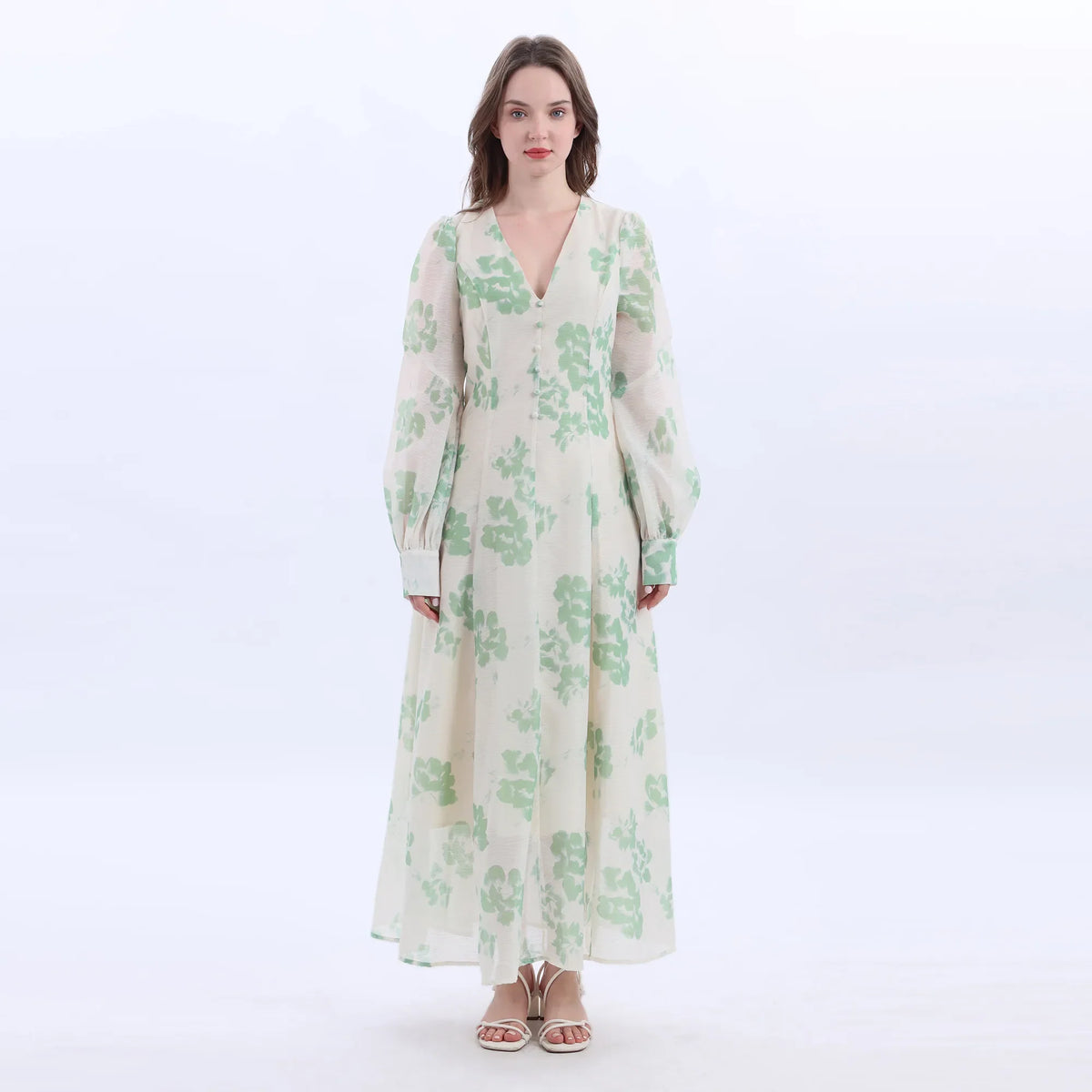 Green Floral Fashion Dress For Women Image