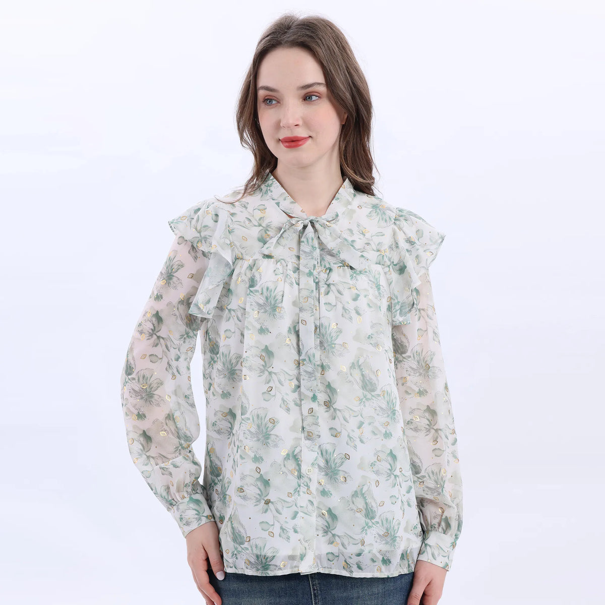 Green Floral Classic Shirt For Women Image