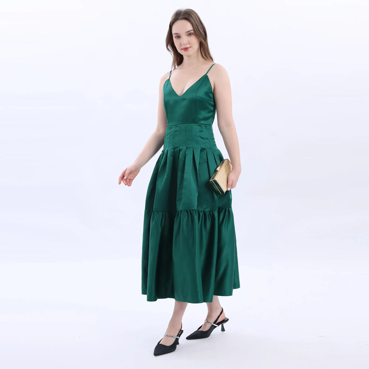 Green Satin Evening Dress For Women Image