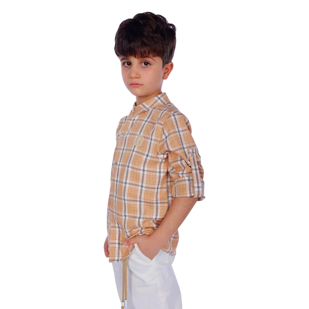 Checked Elegant Shirt For Boys 130 | 7-8Y Khaki Checks 130 | 7-8Y,53.5,78,45.5, Image