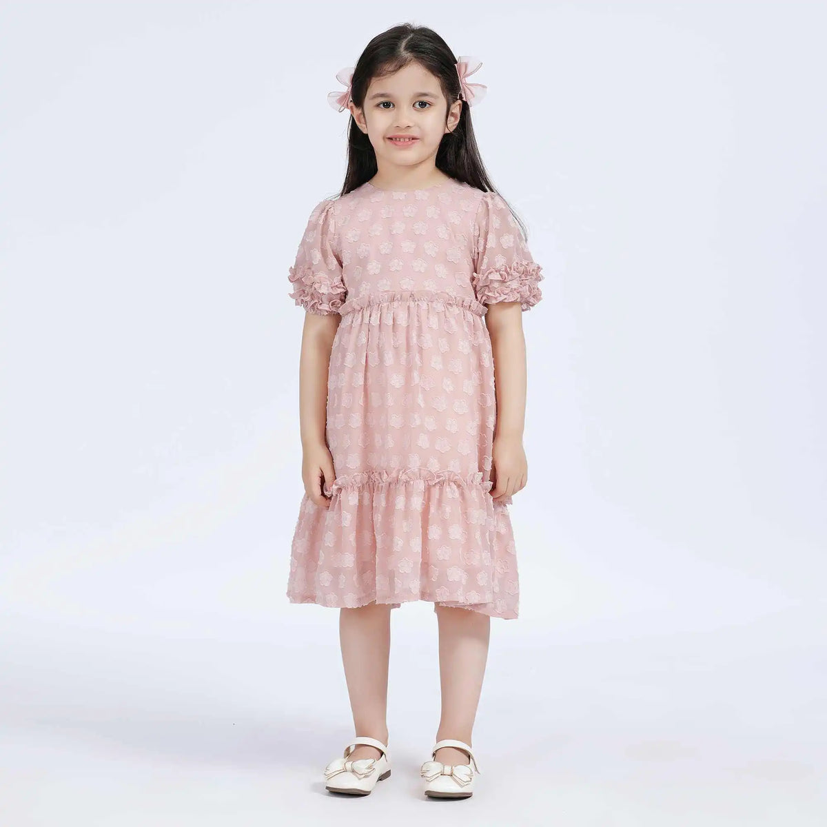 Jacquard Casual Dress For Girls 100 | 3Y Pink Flower Image