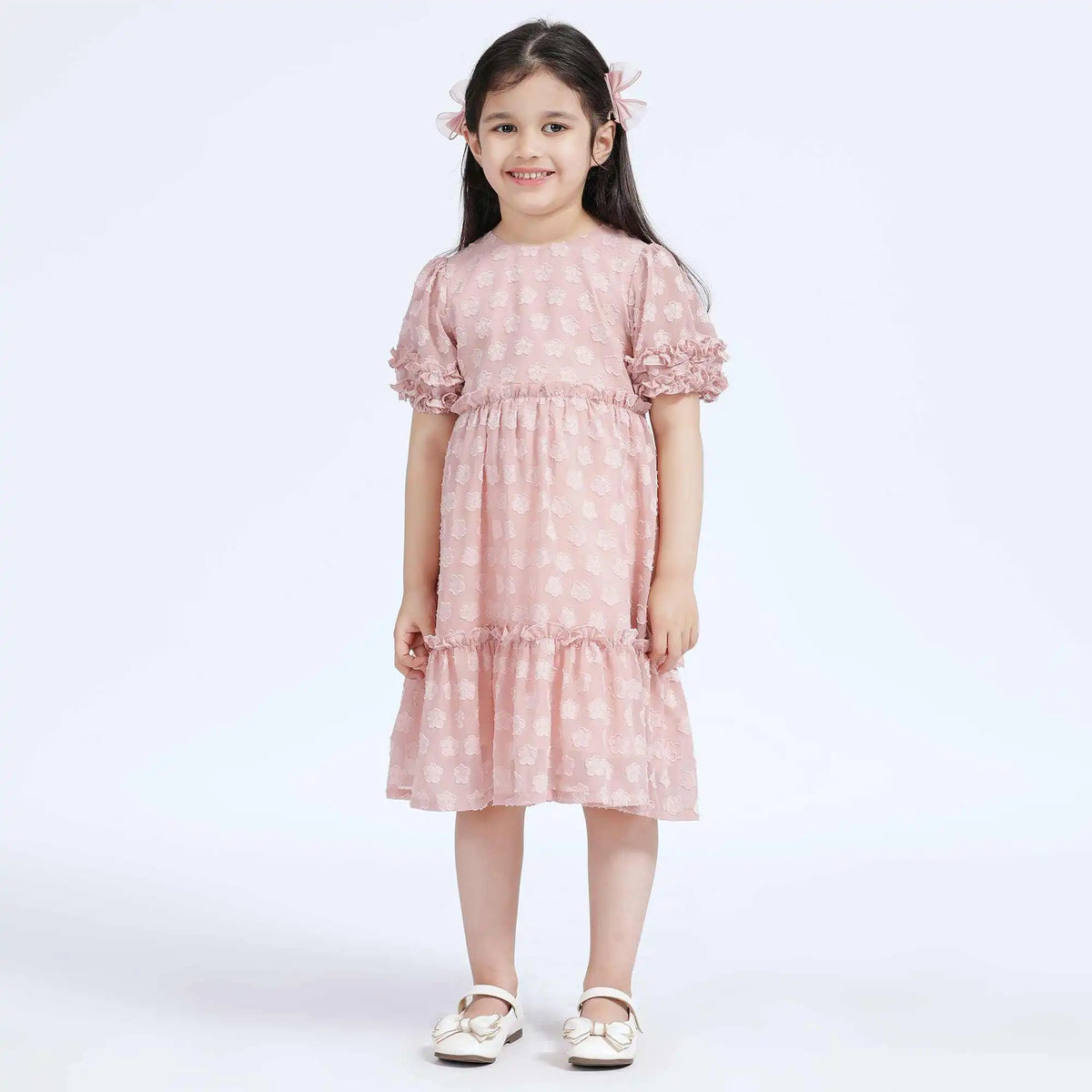 Jacquard Casual Dress For Girls 120 | 5-6Y Pink Flower Image