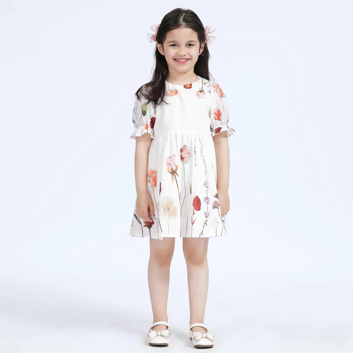 Floral Casual Dress For Girls 120 | 5-6Y White Flower Image