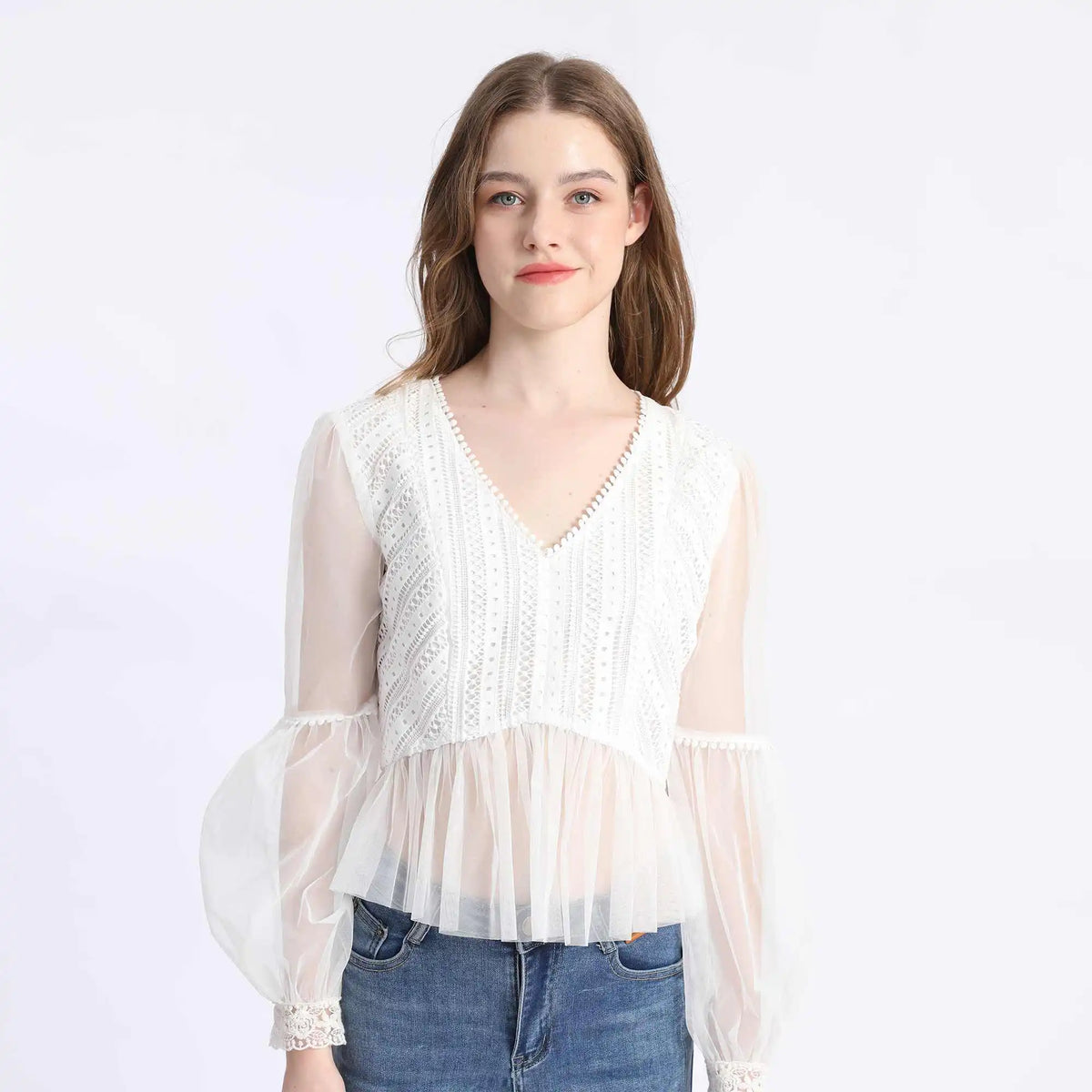 laced Fashion Blouse For Women S White S,50,92,60, Image