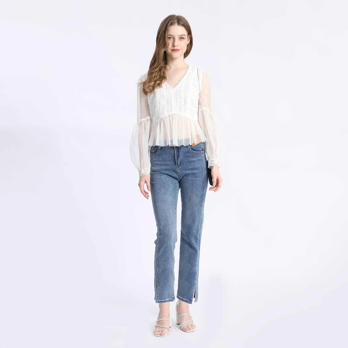 laced Fashion Blouse For Women L White L,51.5,100,61, Image