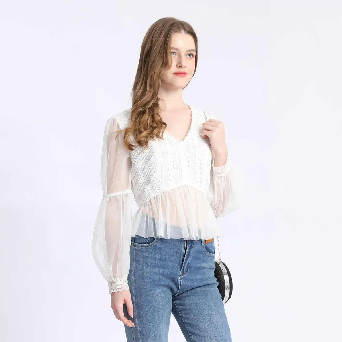 laced Fashion Blouse For Women XL White XL,51.5,104,61, Image