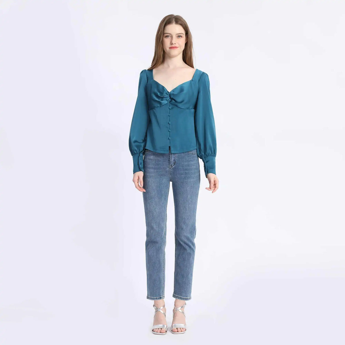 Plain Fashion Blouse For Women L Malachite Blue L,53,98,62, Image