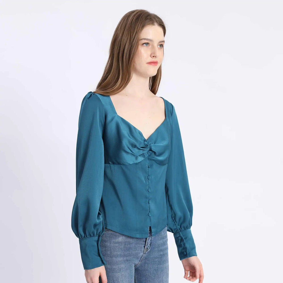 Plain Fashion Blouse For Women XL Malachite Blue XL,54,102,62, Image