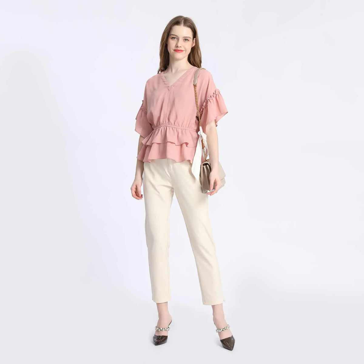 Plain Fashion Blouse For Women L Pink L,57,112,13,74 Image