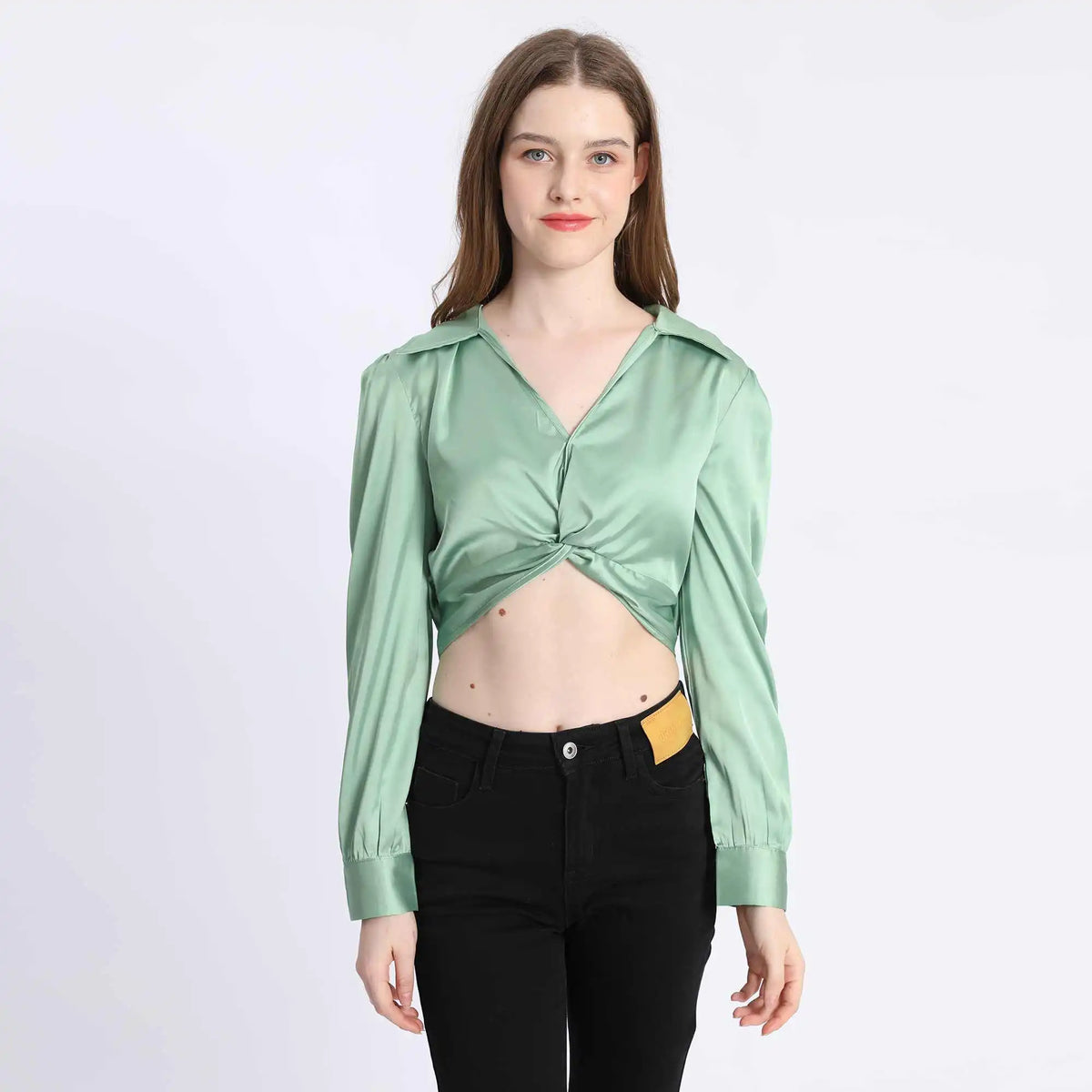 Plain Fashion Blouse For Women S Green S,38,91,59.5,80 Image