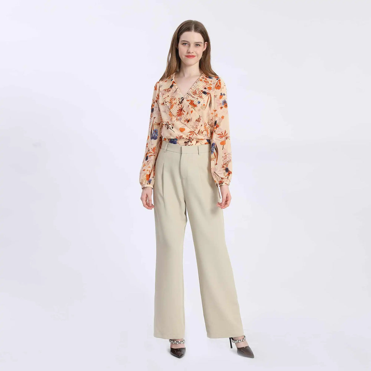 Floral Fashion Blouse For Women L Orange Flower L,45.5,106,61.5, Image