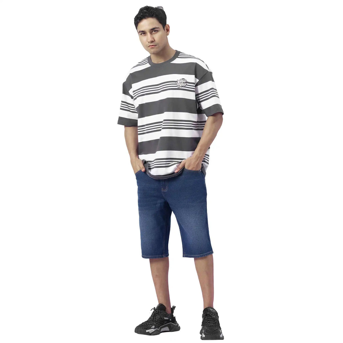 Striped Causal T.Shirt For Men L Dark Gray Stripes L,75,120,22.5, Image