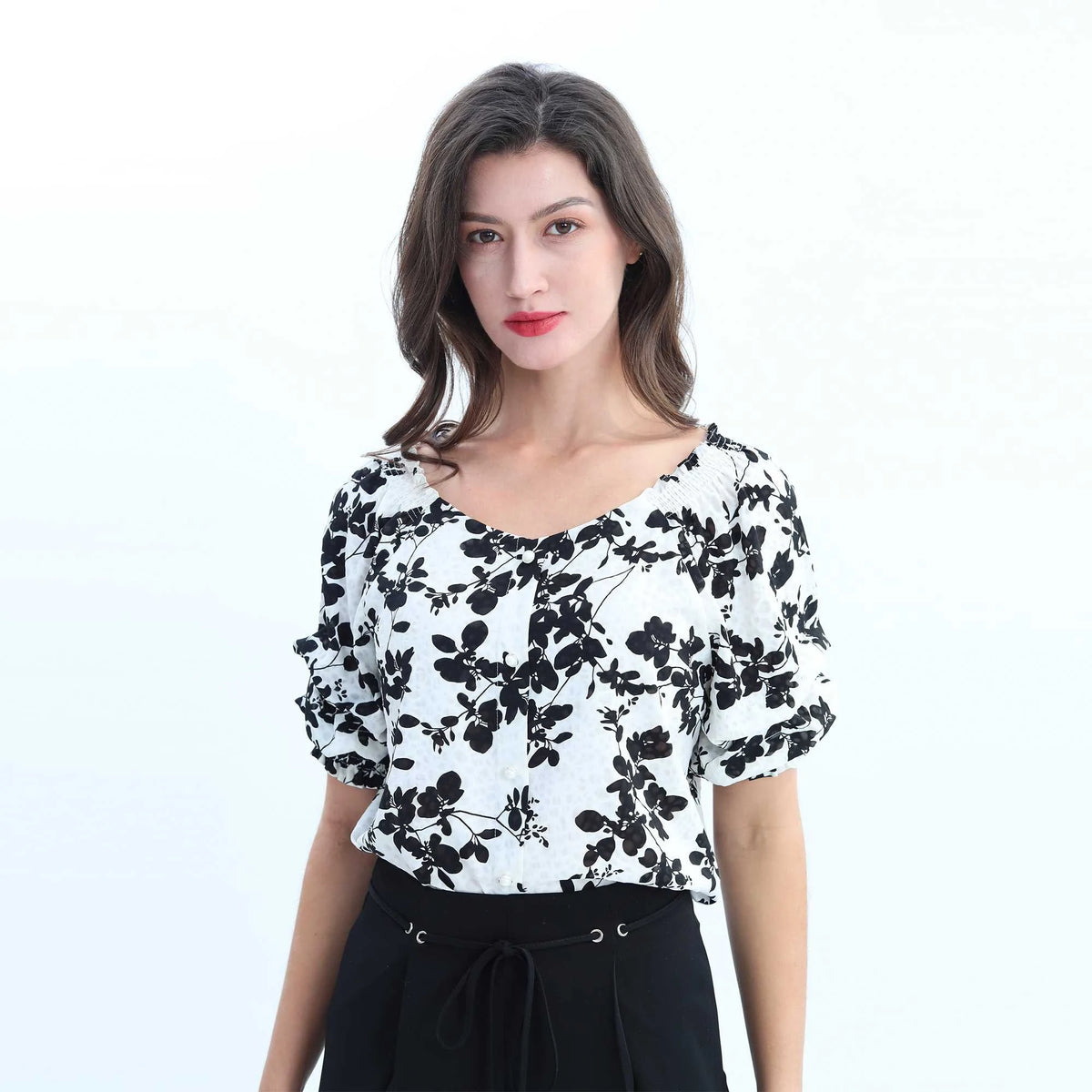 Leaves Elegant Blouse For Women S Black Flower S,55,98,31.5, Image