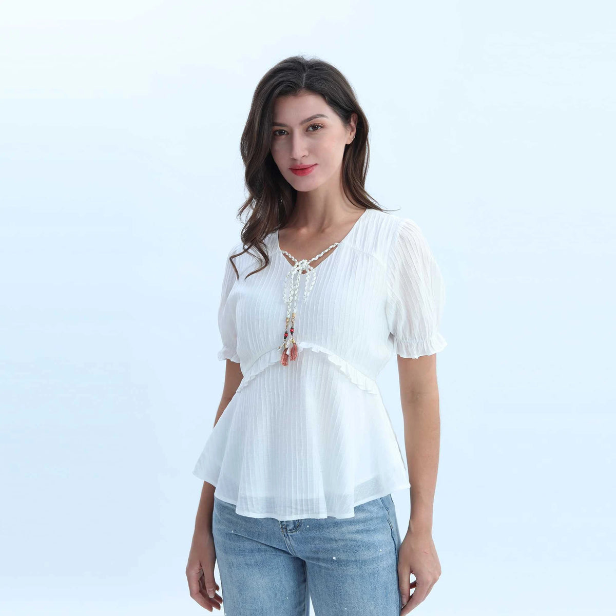 Plain Elegant Blouse For Women M White M,55,103,28,77.5 Image