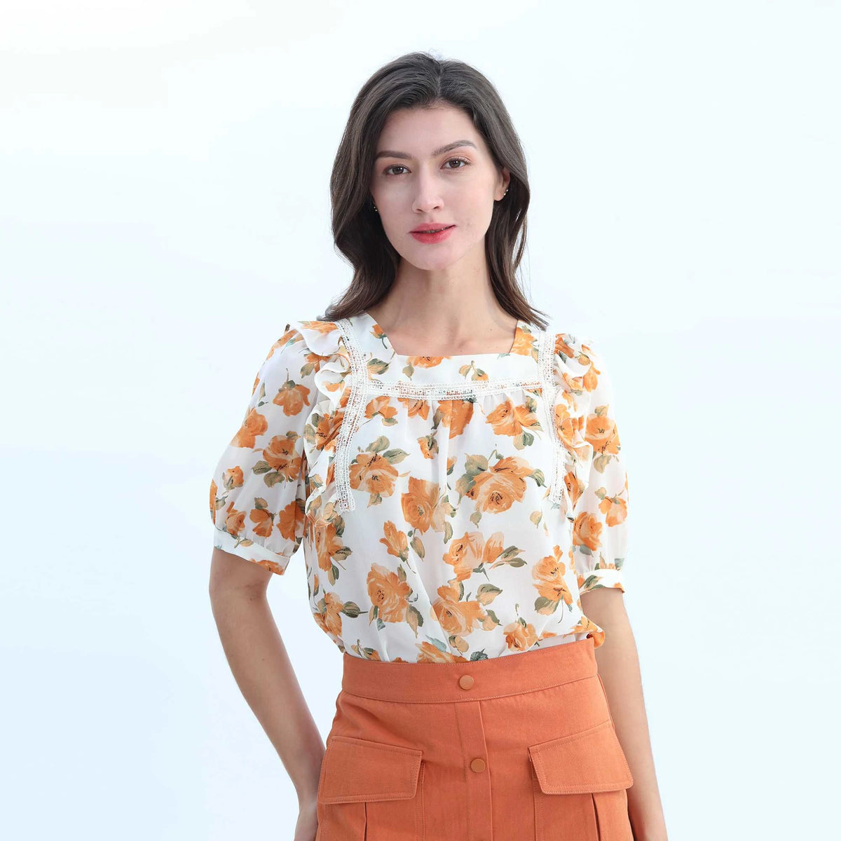 Blouse:Floral,Top:Plain Elegant Blouse-2Pc For Women L Orange Flower L,58.5,111,32, Image