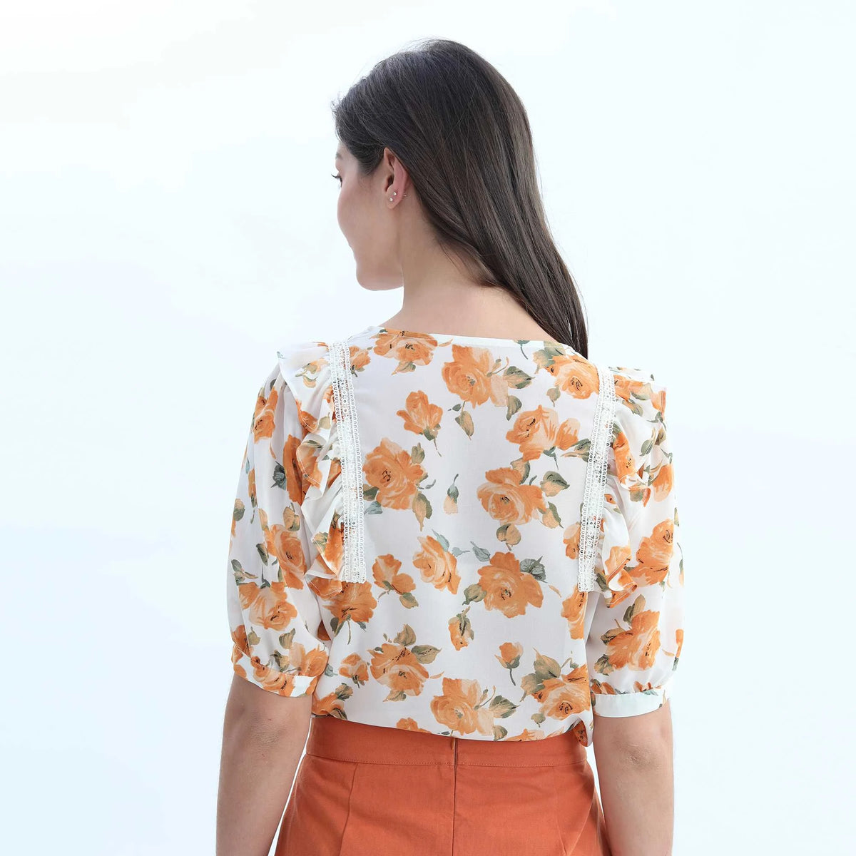 Blouse:Floral,Top:Plain Elegant Blouse-2Pc For Women M Orange Flower M,57,107,31.5, Image