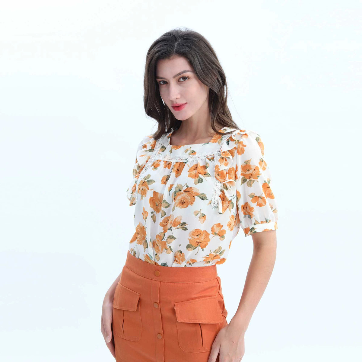 Blouse:Floral,Top:Plain Elegant Blouse-2Pc For Women S Orange Flower S,55.5,103,31, Image