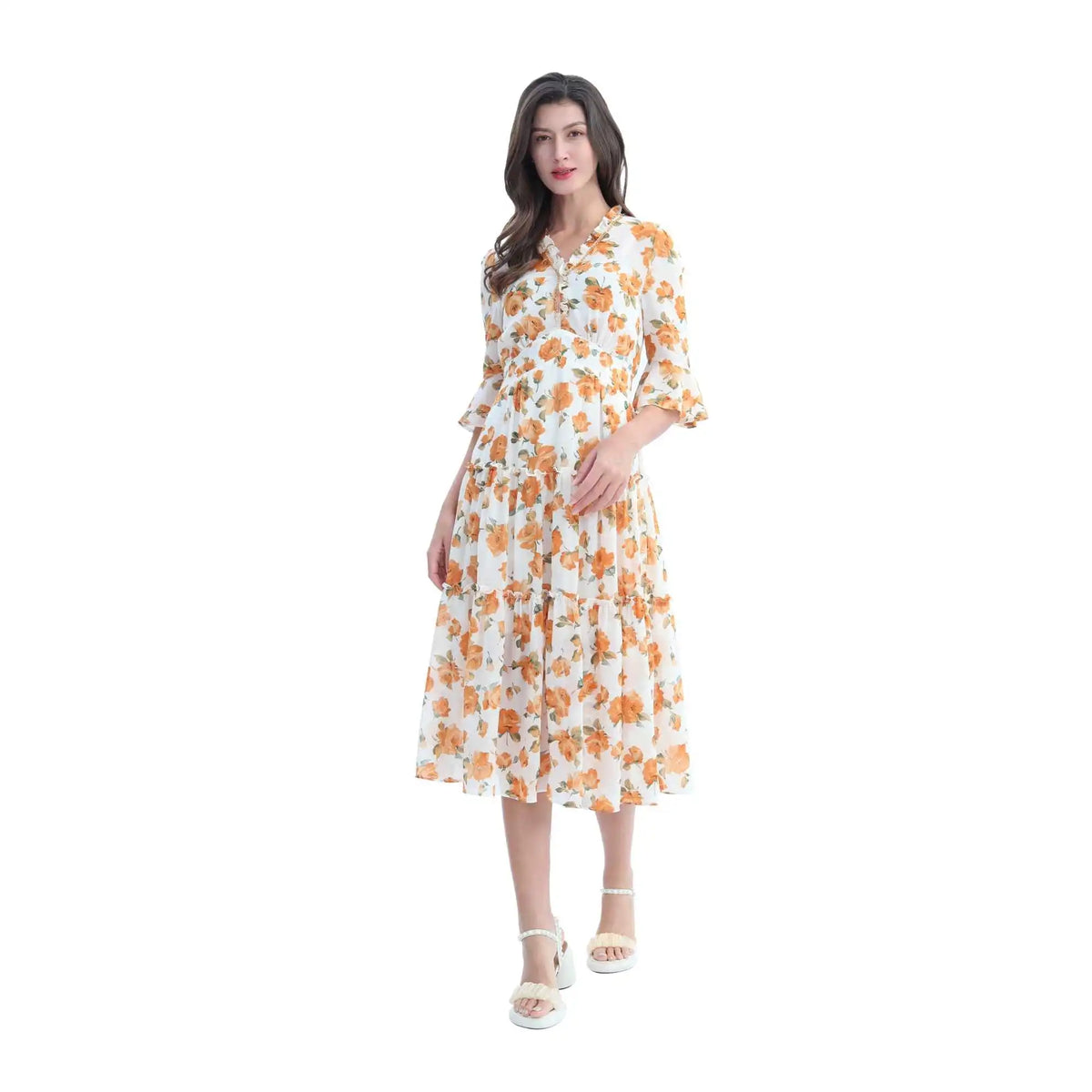 Floral Elegant Dress For Women Orange Flower Image