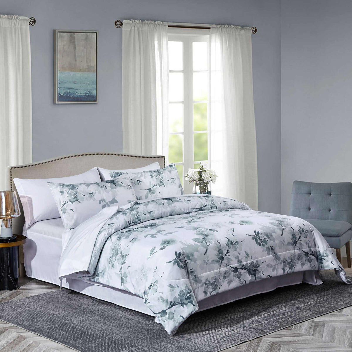 8PCS Comforter Set Free Gray Flower Image