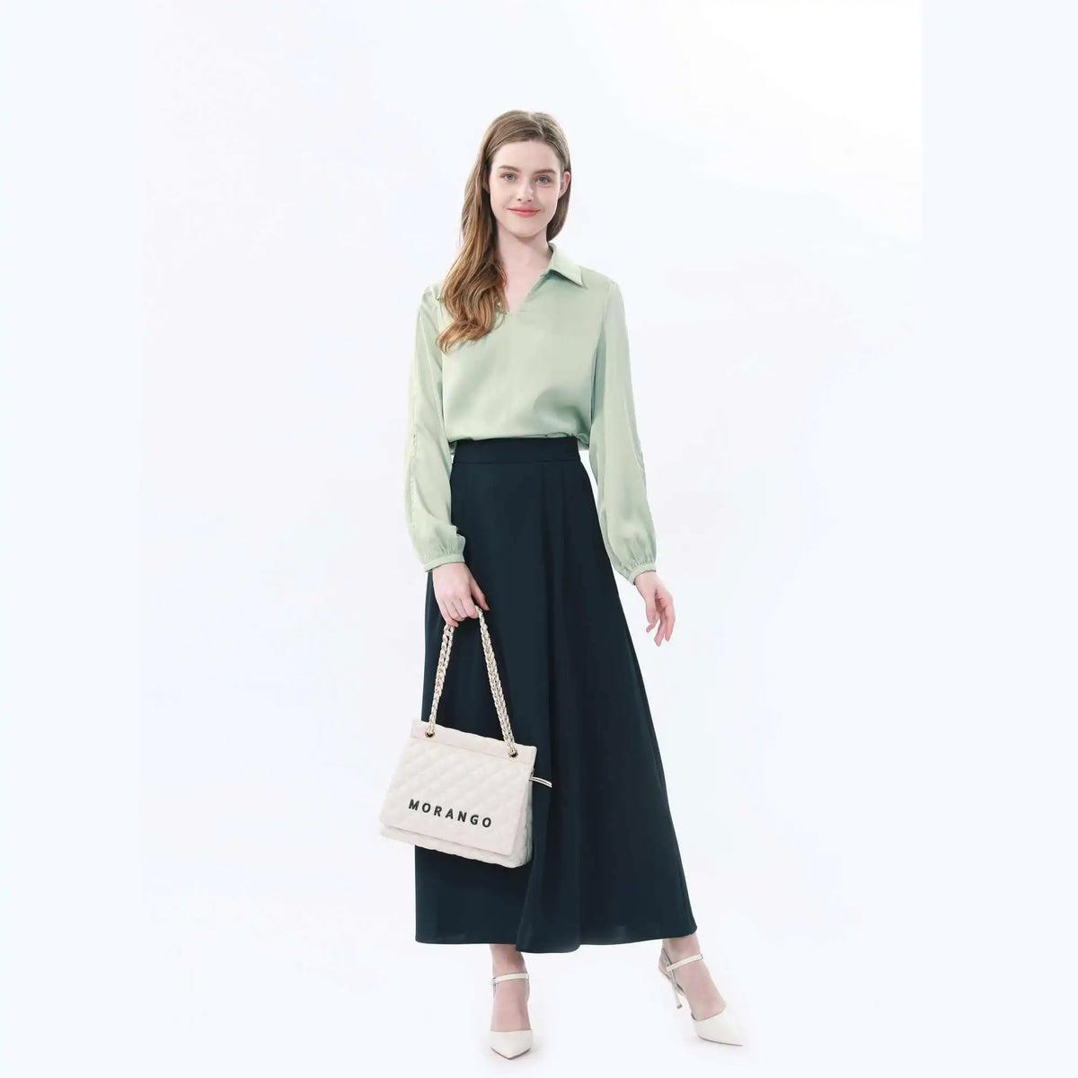 Plain Classic Blouse For Women S Light Green S,62,98,60, Image