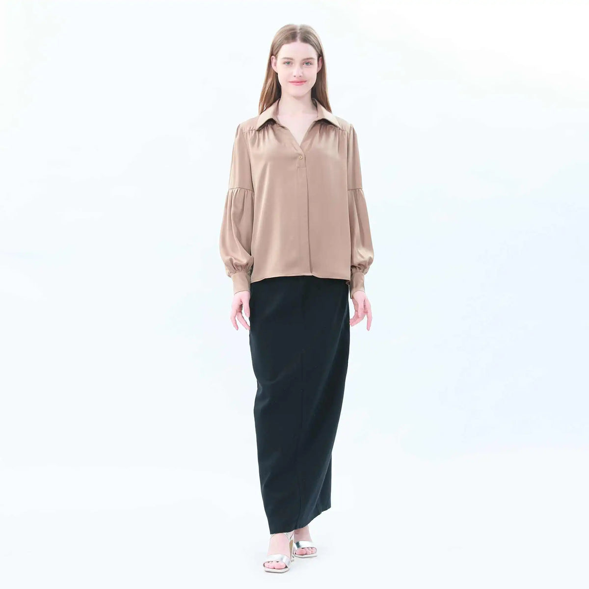 Plain Classic Blouse For Women L Khaki L,63,107,63, Image