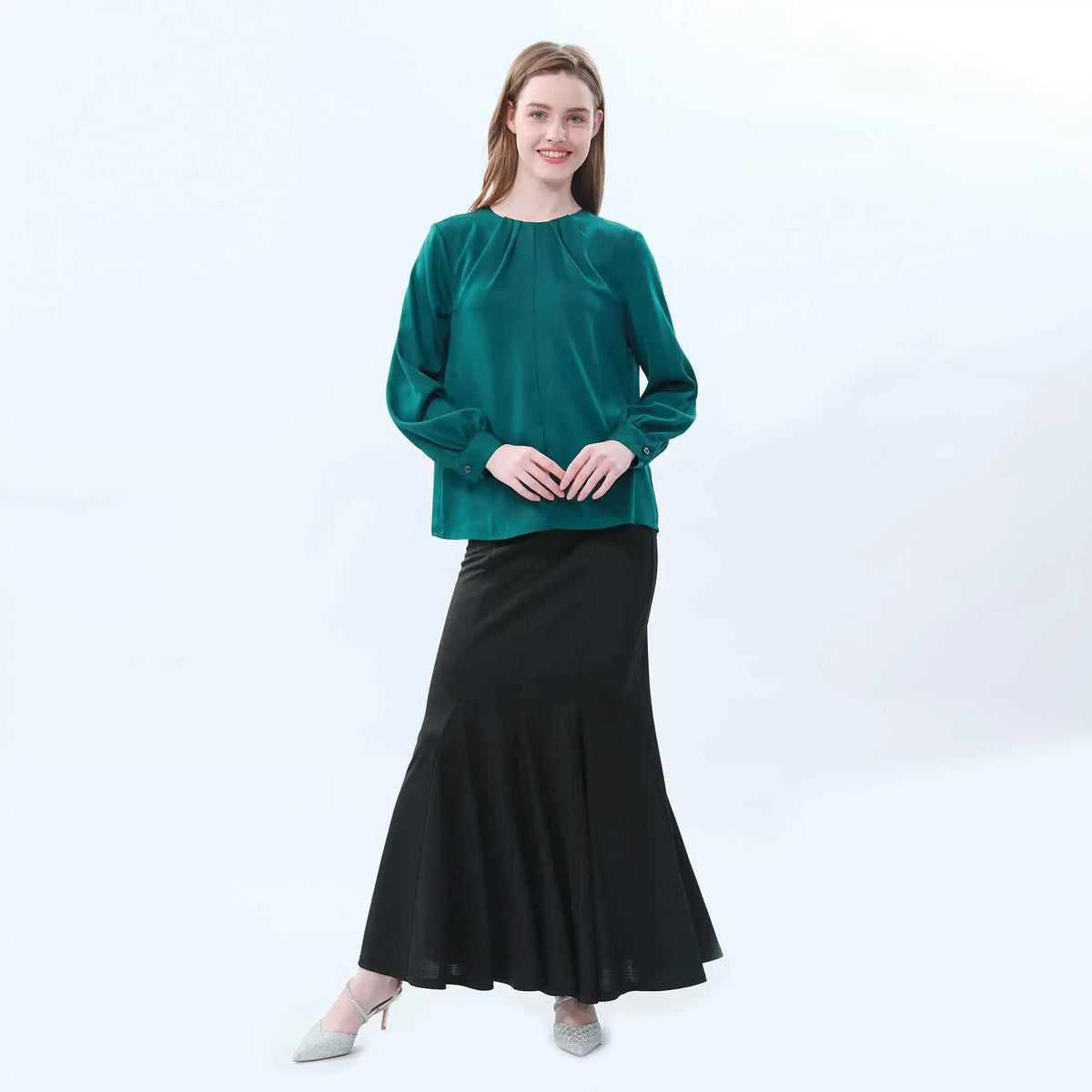 Plain Classic Blouse For Women L Dark Green L,64,104,59, Image