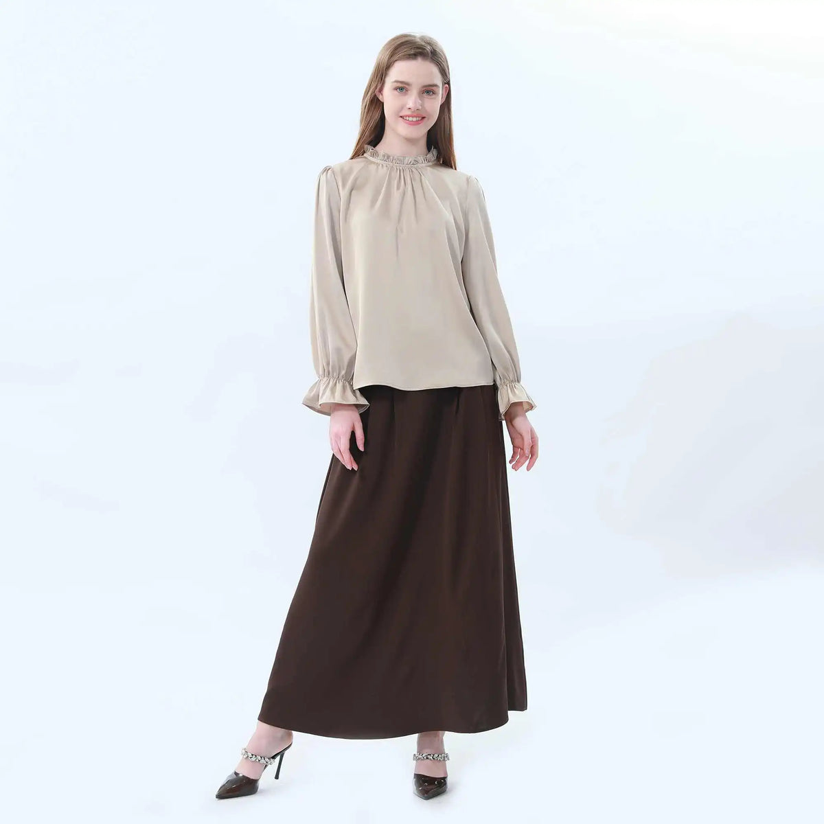 Plain Classic Blouse For Women XL Khaki XL,62,108,61, Image