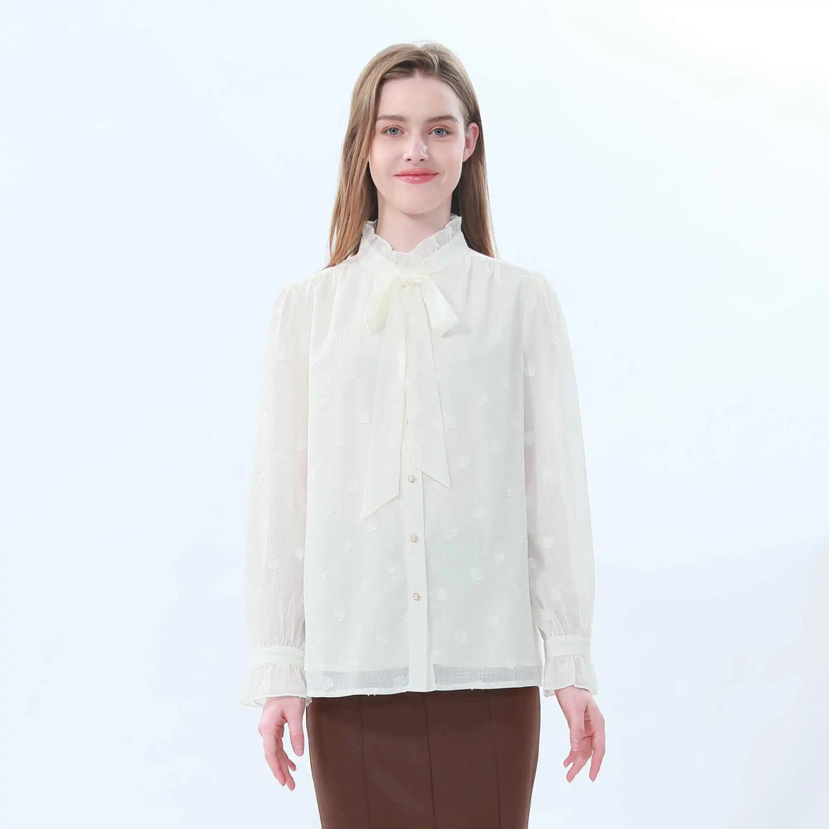 Jacquard Classic Blouse For Women S White S,63,96,61, Image