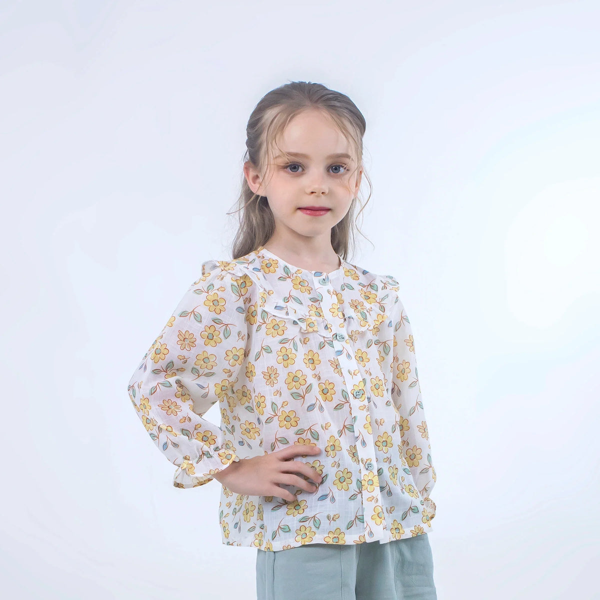 Floral Linen Shirt for Girls Yellow Image