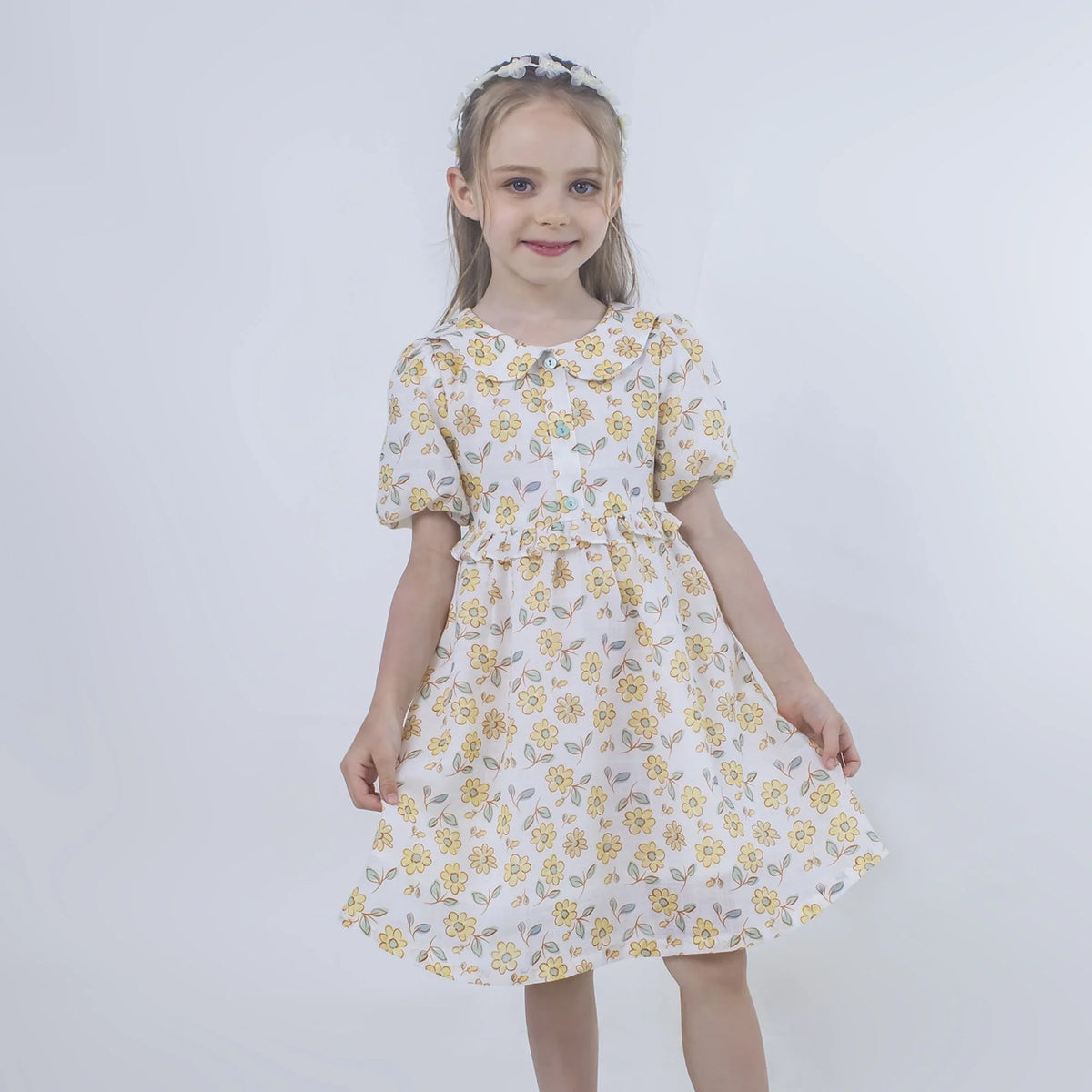 Floral Linen Dress for Girls Yellow Image