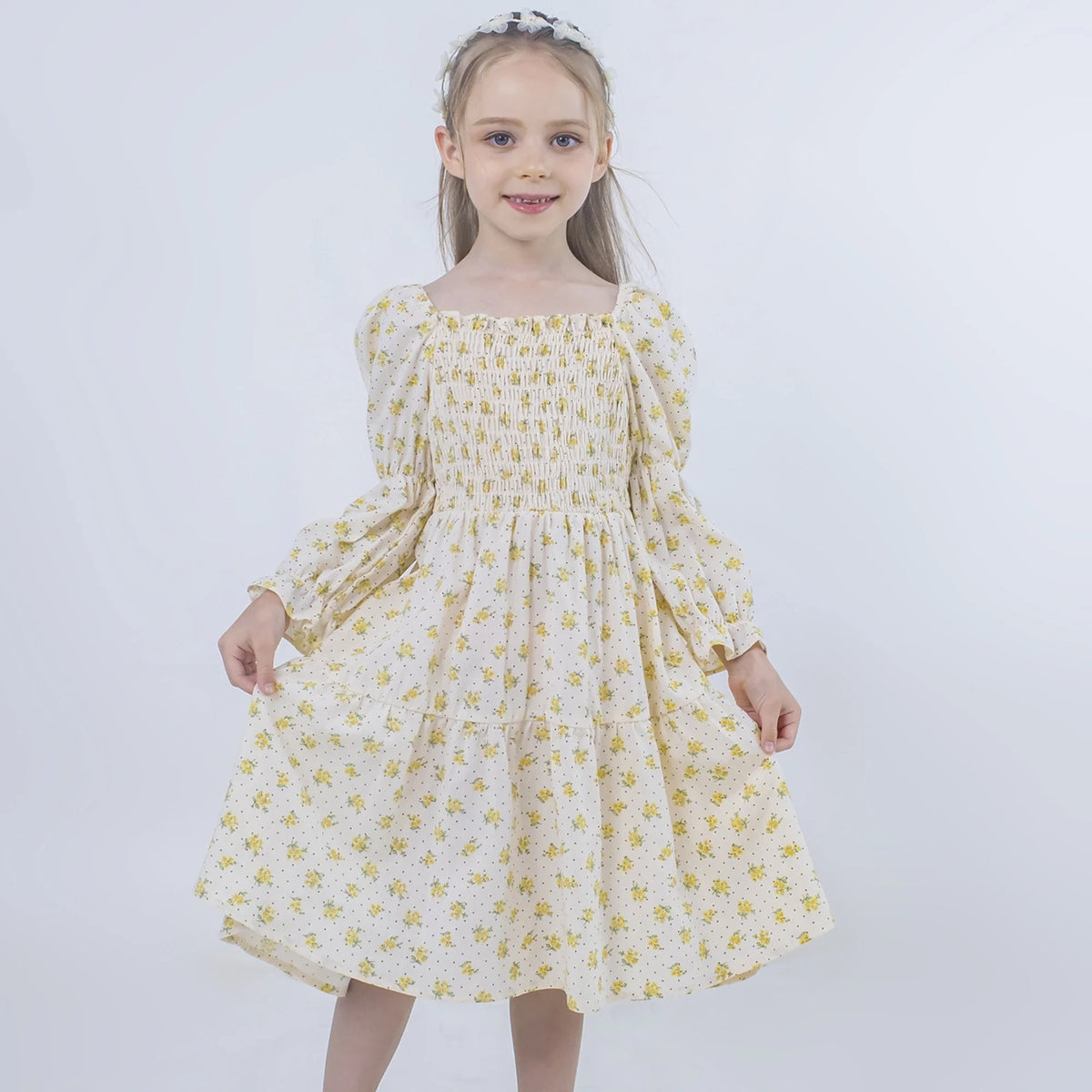 Floral Linen Dress for Girls Yellow Image