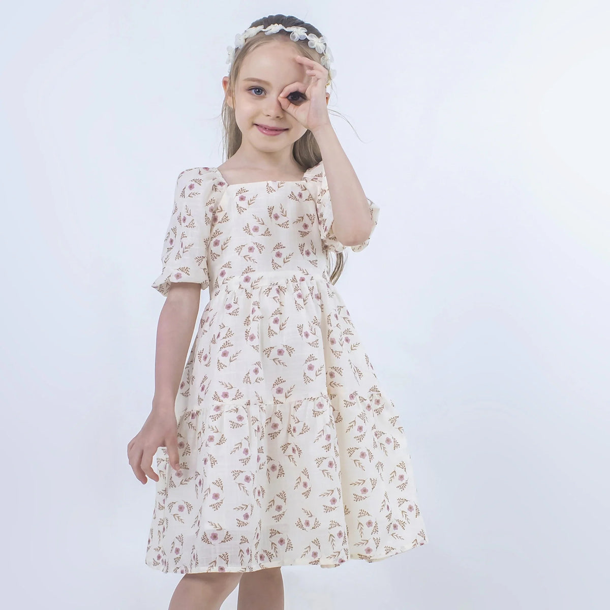 Floral Linen Dress for Girls Beige Image